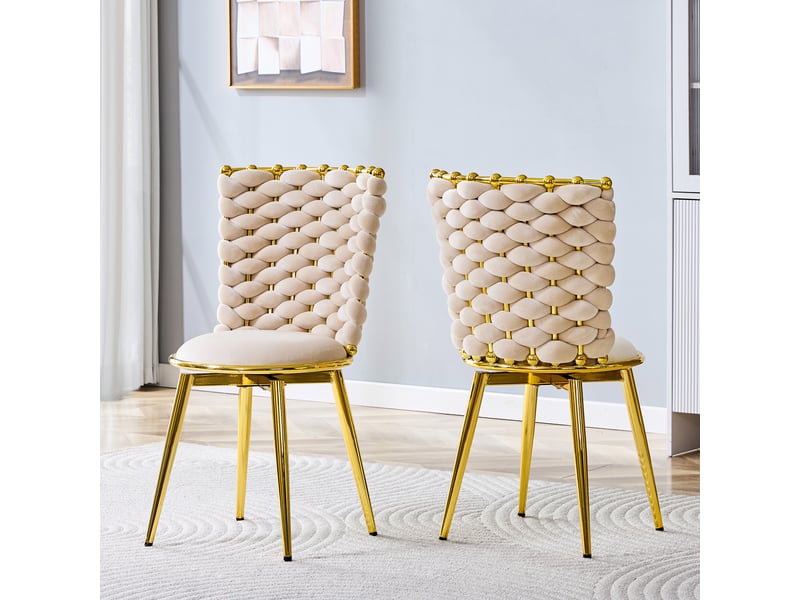  Chaises de salle à manger lot de 2 avec dossier en corde tressée  - pieds en métal doré velours beige  - Conforama C