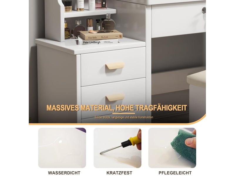  Coiffeuse élégante avec miroir led 85x36x130 cm, table de maquillage, tabouret, grand rangement, 4 tiroirs, mdf blanc  - Conforama E