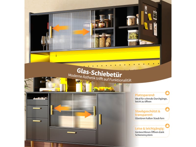 Buffet noir laqué avec led et panneau perforé – armoire cuisine 180 cm, portes en verre, porte magnétique, 60 kg - Conforama E