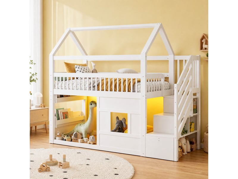 Lit mezzanine enfant simple 90×200 cm, escalier, rangement et led réglable - okmyhome- blanc, sans matelas - Conforama B