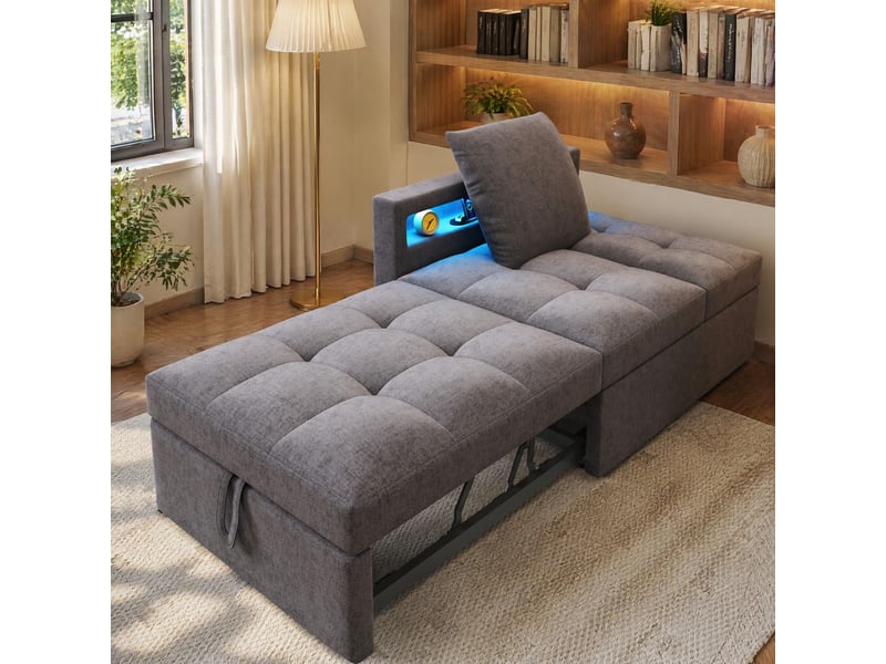  Canapé-lit 3-en-1 gris foncé en tissu de lin avec led, usb et type-c  - Conforama B