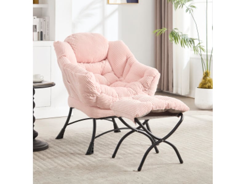 Fauteuil lounge avec repose-pieds, dossier ergonomique et poche latérale, structure en acier et flanelle rose - Conforama C