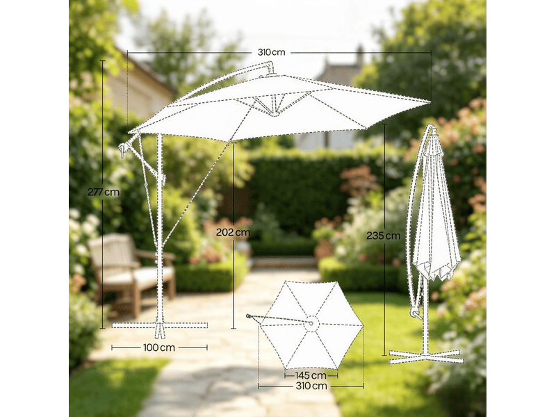 Parasol déporté latéral inclinable 310x310 cm – gris foncé – manivelle, rotation et housse protectrice - Conforama C