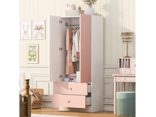Armoire 70x40x170 cm à deux tiroirs mdf rose et blanc