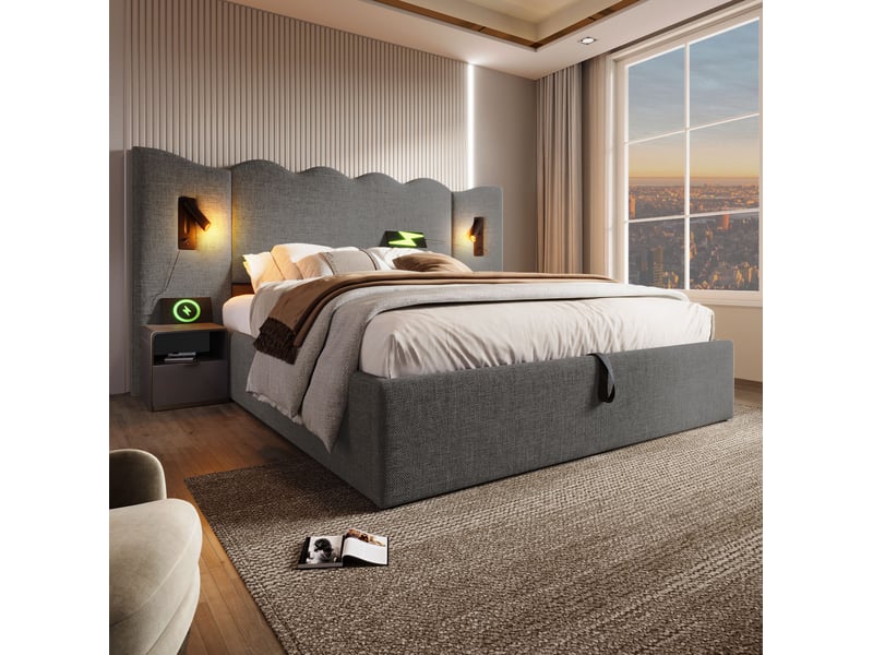  Lit coffre 160x200 cm gris avec lampe de lecture, usb et sommier à lattes  - Conforama E