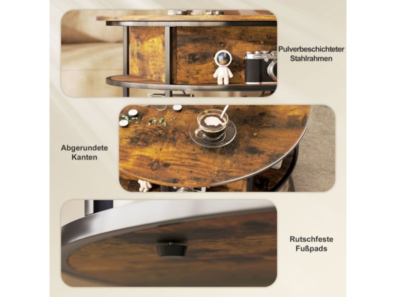  Table basse ronde réglable en hauteur – ø80 cm, étagère et rangement caché, brun  - Conforama E