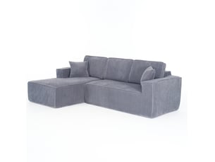 Canapé d’angle modulaire en velours côtelé gris avec méridienne et 2 coussins