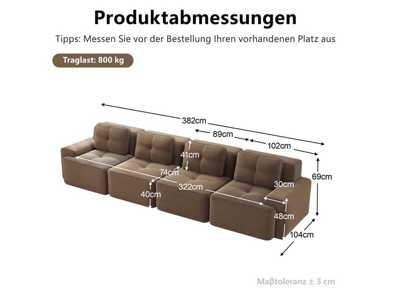 Canapé modulaire 4 places marron en velours côtelé - 382 x 104 x 69 cm - Conforama E