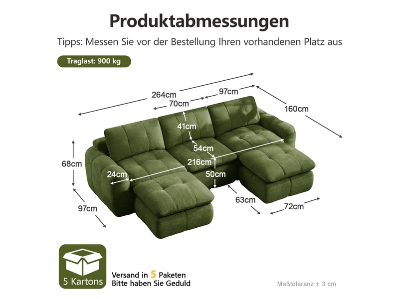  Canapé panoramique en u 3 places modulaire sans cadre avec 2 ottomanes - lpospi - mousse 32d, chenille - vert  - Conforama D