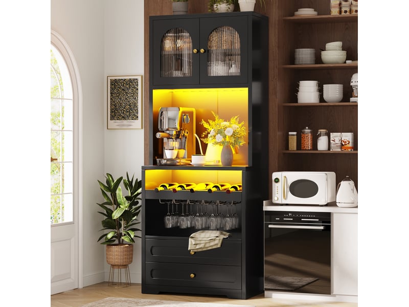  Vaisselier haut 140x40x180 cm – noir – led connectée, rangement à vin, étagères réglables et usb  - Conforama B