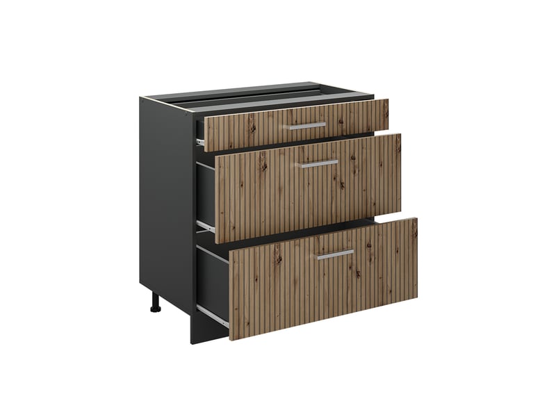 Vicco meuble cuisine, chêne artisananthracite, 80cm avec 3 tiroirs plan de travail chêne doré - Conforama C