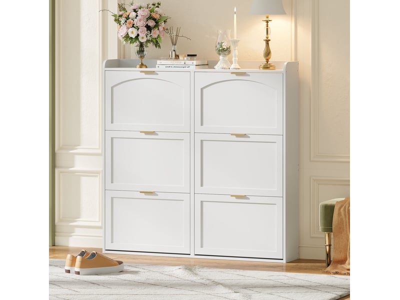 Meuble à chaussures ulevr à 6 abattants, rangement jusqu’à 30 paires, 120 x 23 x 118 cm, mdf et panneaux de particules, blanc - Conforama E
