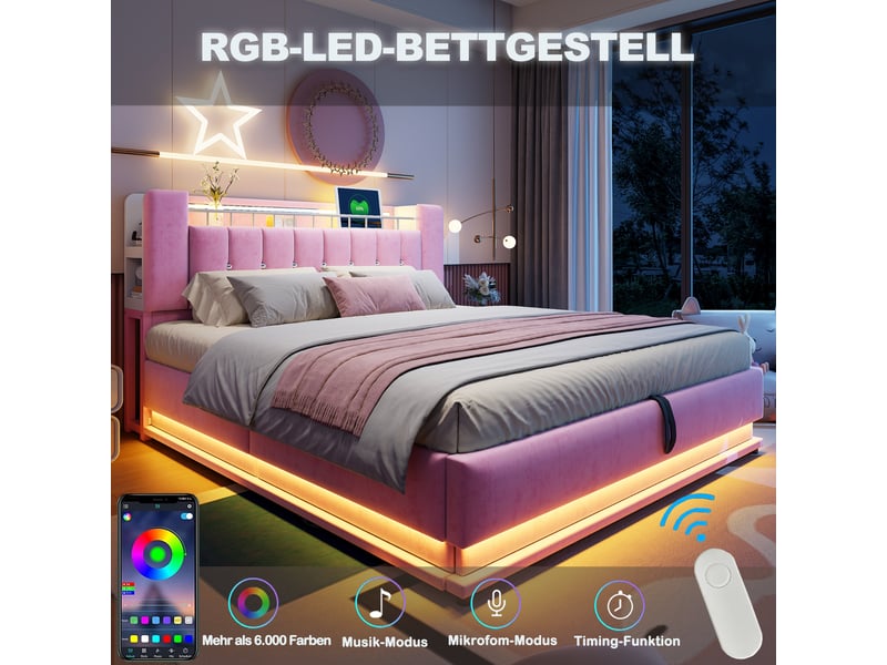  Lit coffre connecté 140 x 200 cm rose, éclairage led, ports usb et relevage hydraulique en velours  - Conforama E