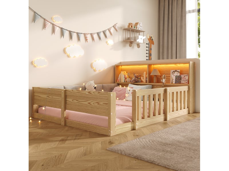  Lit enfant 140 × 200 cm 2 places avec barrières, rangements et led réglable, sans matelas, rembourré, naturel  - Conforama C