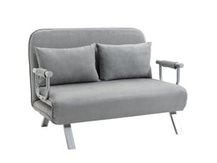 Canapé convertible 2 places avec dossier réglable à 5 positions, coussins et structure métallique en polyester gris clair