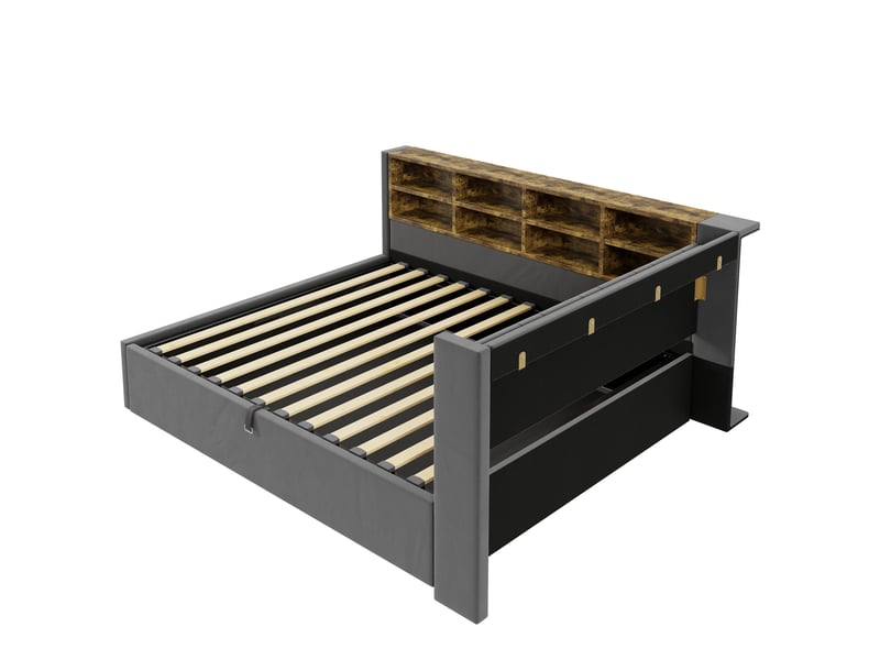  Lit coffre enfant 140x200 cm, led, usb type-c, étagères, rangement, sommier, velours gris foncé, sans matelas  - Conforama E