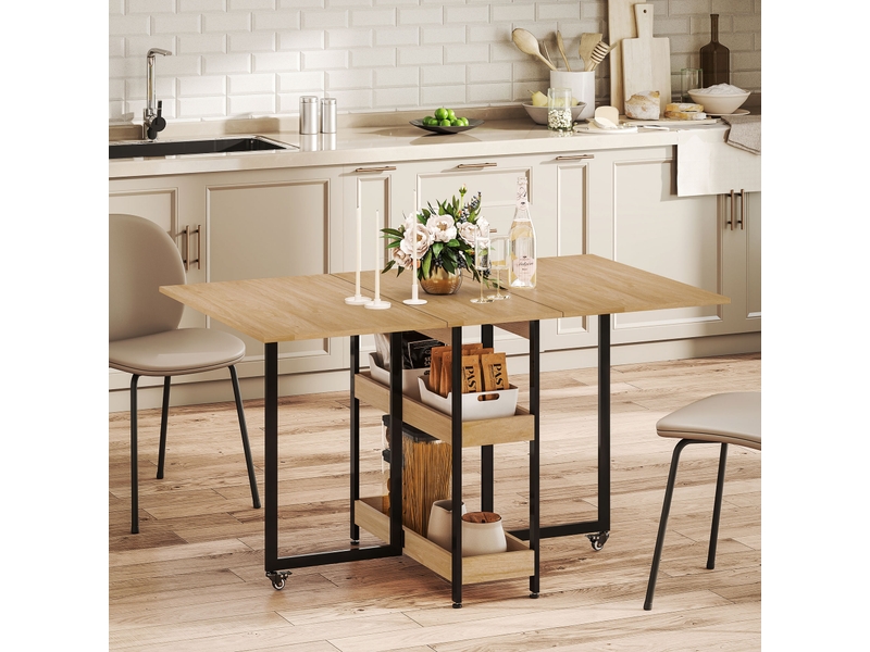  Table à manger pliante sur roulettes 4 personnes avec compartiments ouverts, pour petits espaces, salle à manger, chêne  - Conforama D