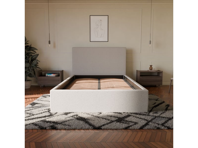Lit coffre 180x200cm avec tête - blanc cassé - tissu bouclé - emma  - Conforama B