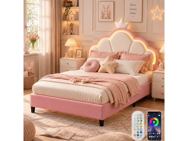  Lit princesse avec tête de lit couronne et lumières led, 90 x 200cm, lit enfant fille avec sommier à lattes,réglage hauteur  - Conforama B