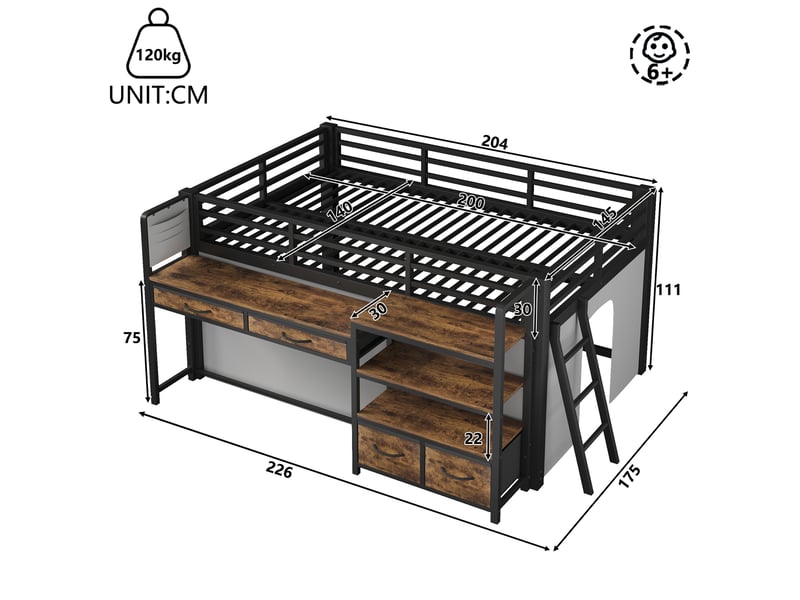  Lit mezzanine enfant 140x200cm avec bureau, lit surélevé avec tiroirs en tissu, étagères ouvertes, rideau et led multicolore, structure en métal, noir Seren Glow - Conforama C