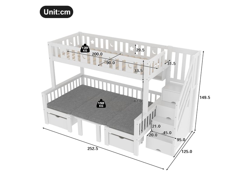 Lit mezzanine 2-en-1 avec bureau et escalier rangement, blanc, 90x200 cm - Conforama C