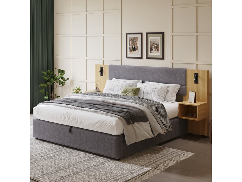  Lit double 160x200 cm avec rangement hydraulique, 2 tables de chevet, éclairage et ports usb, velours gris, sommier à lattes inclus  - Conforama B
