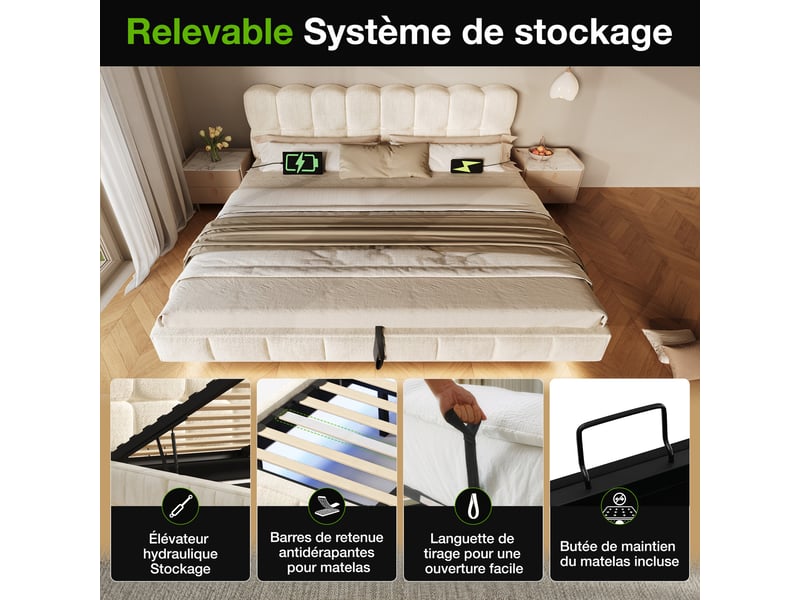Lit coffre hydraulique 160x200 cm avec led, usb-c et tête de lit capitonnée design nuage, lit double en chenille avec rangement - beige - Conforama E