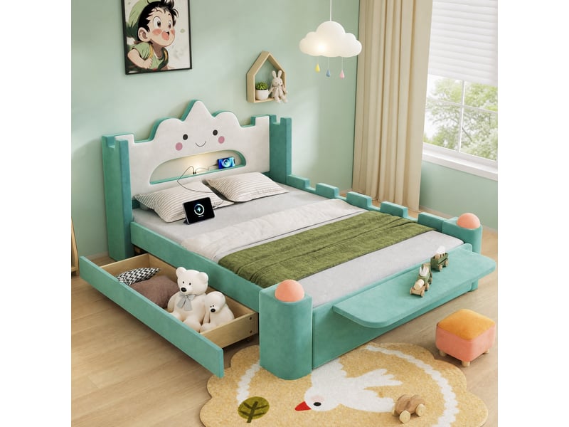  Lit pour enfant, 140x200 cm, avec tête de lit nuage, lampe led usb, matelas non inclus, velours, coloris bleu et vert  - Conforama B