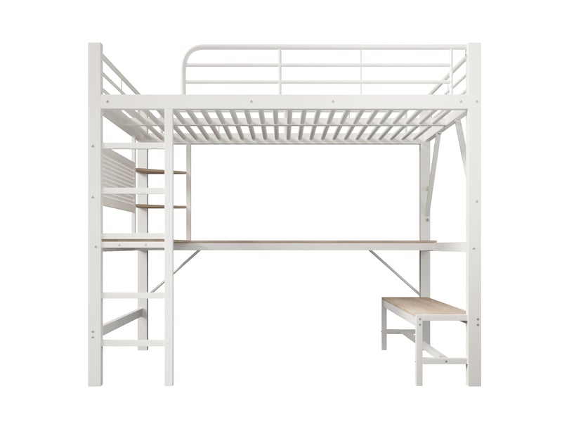  Lit mezzanine 160x200 cm blanc en métal et mdf, bureau, rangements, led et ports usb type-c intégrés  - Conforama A
