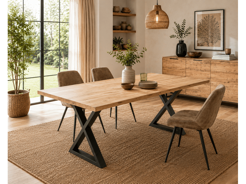  Table à manger avec bord droit coloris chêne massif et pieds en métal noir - longueur 160 x profondeur 90 x hauteur 76 cm  - Conforama B