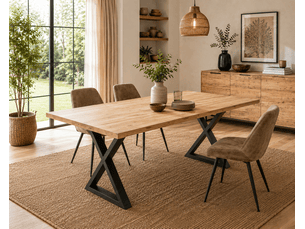 Table à manger avec bord droit coloris chêne massif et pieds en métal noir - longueur 160 x profondeur 90 x hauteur 76 cm