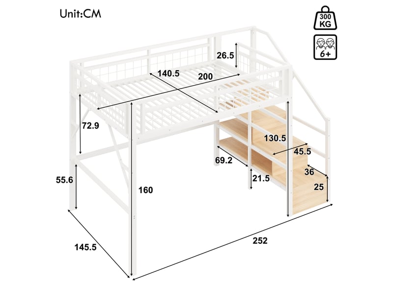 Lit mezzanine enfant 140x200 cm en métal avec led, escalier avec rangement, espace libre sous le lit, blanc OMNIGLINT TRADING LTD - Conforama C