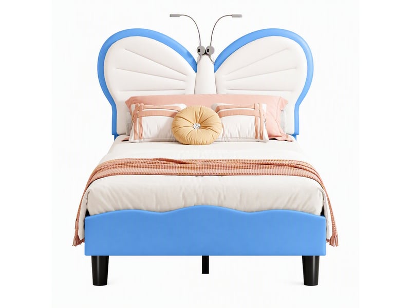  Lit simple 90x200 cm avec lampes led, lit enfant capitonné avec tête de lits réglable en forme de papillon et lattes en velours, sans matelas, bleu  - Conforama A