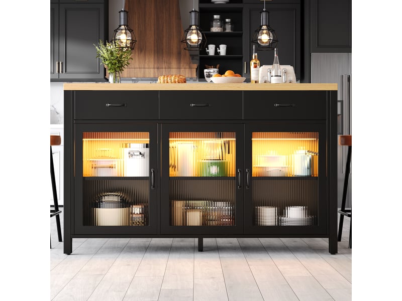 Îlot de cuisine rayofi 150 x 80 x 90 cm - 3 tiroirs, 3 portes vitrées, design industriel, led intégré, pieds réglables, noir N620P19312829S - Conforama C