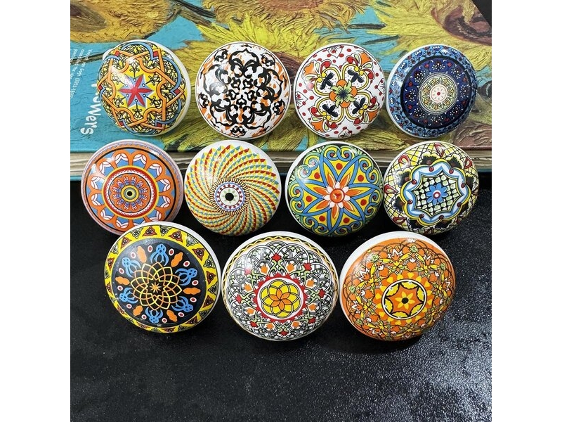 Ensemble de 10 poignées de porcelaine rondes de style bohème, boutons uniques pour la décoration de meubles diy et de commodes - Conforama C