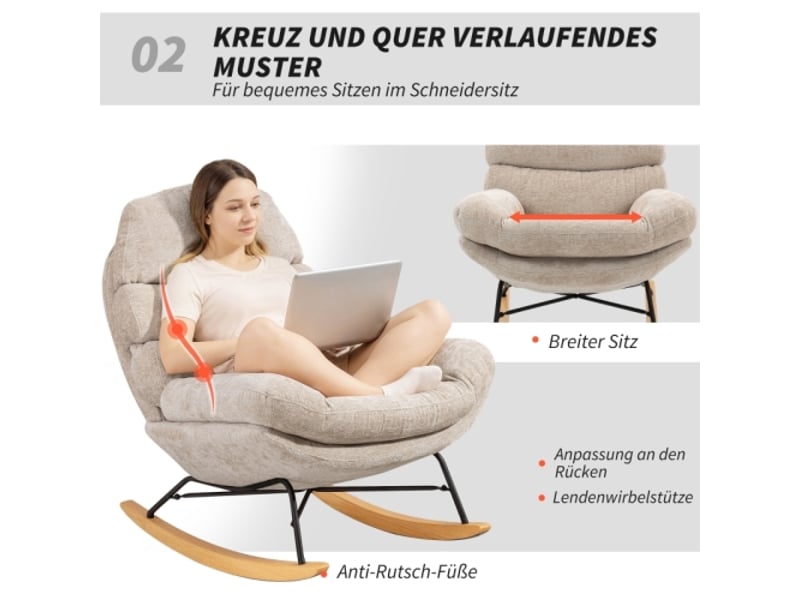  Fauteuil à bascule rembourré crème avec pieds en acier et patins en bois, style moderne  - Conforama E