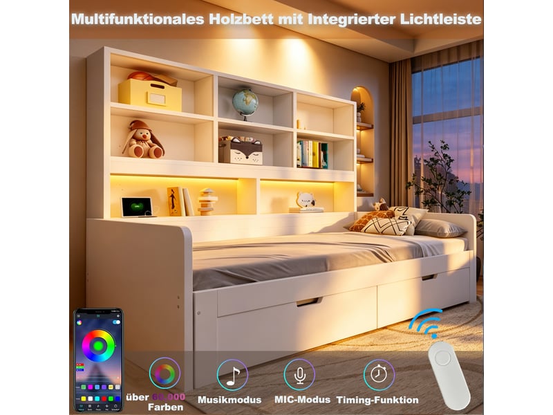 Lit gigogne extensible 90/180x200 cm, tiroirs de rangement, étagères intégrées, led et prises, blanc, sans matelas - Conforama D