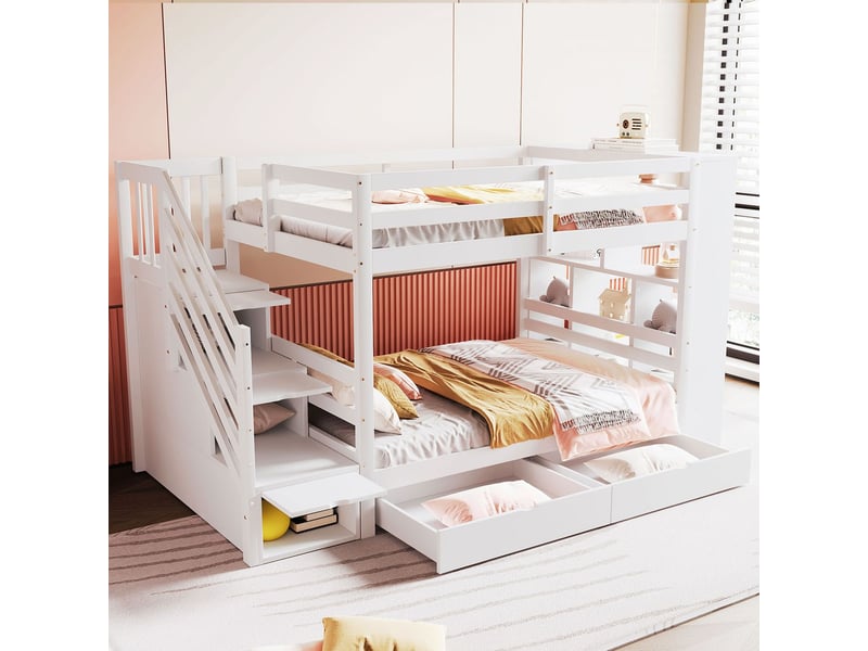  Lit superposé enfant - 90x200cm - escalier de rangement - lit superposé - tiroirs, armoire latérale, bois pin, sécurité, blanc  - Conforama D