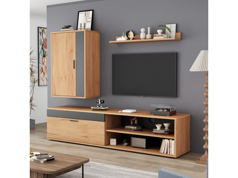  Ensemble de meuble tv 3 pièces 140x35x39 cm,meuble tv moderne pour salon,sur pied et suspendu,2 portes,couleur bois + noir  - Conforama C