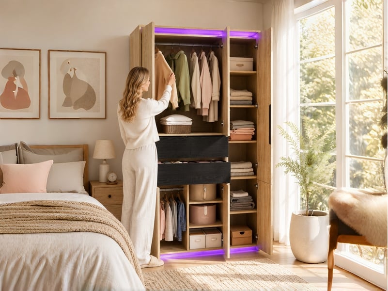  Armoire-penderie avec miroir et éclairage led, 110 x 47 x 200 cm, 2 penderies, 4 tiroirs, 9 compartiments de rangement, chêne  - Conforama B
