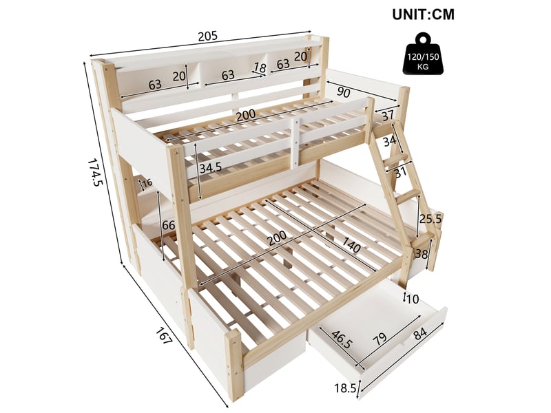  Lit superposé 90x200 cm et 140x200 cm, avec tiroir et led, en bois, blanc et naturel, sans matelas  - Conforama C