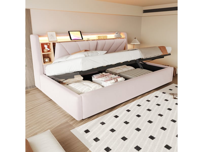  Lit coffre rembourré 90 x 200 cm – avec étagères – avec compartiments de rangement – ​​avec éclairage led et port usb – rose (matelas non inclus)  - Conforama R