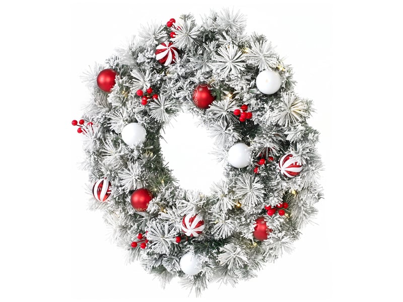  Couronne de noël lumineuse 60 cm enneigée floquée avec 50 led, 15 boules décoratives, 140 branches, 8 modes, vert  - Conforama B