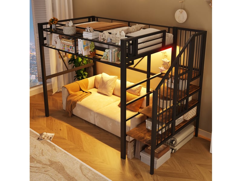  Lit mezzanine 90x200 cm avec rangements et led coloris noir  - Conforama D