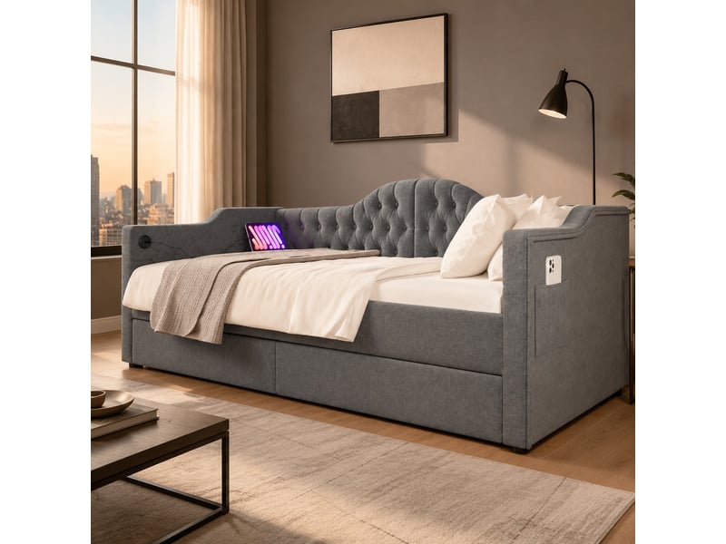  Lit banquette 90x190 cm gris en lin avec 2 tiroirs, usb et usb-c  - Conforama C