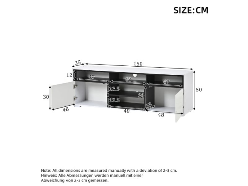  Meuble tv led 150×35×50 cm – mélaminé brillant, lowboard moderne, 2 portes, 8 rangements, petit salon  - Conforama C