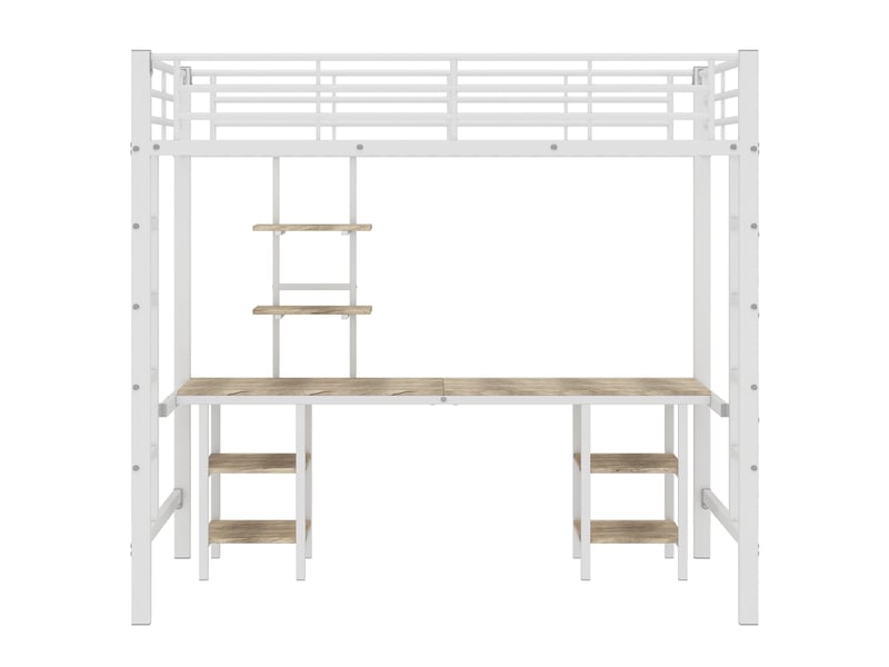  Lit mezzanine 90x200 cm avec bureau, lit surélevé gain de place avec étagères, échelle de sécurité, puor enfant et ado, métal et mdf, blanc  - Conforama D