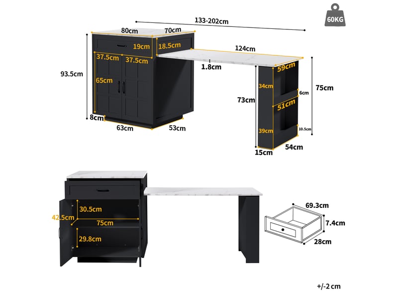  Îlot de cuisine extensible 133x70x93.5 cm à 202x70x93.5 cm avec rangement, 2 tiroirs et 4 compartiments mdf noir  - Conforama C