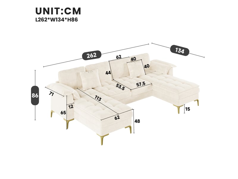 Canapé panoramique en u 4 places modulable avec deux méridiennes, coussins et pieds métalliques dorés en chenille beige - Conforama C
