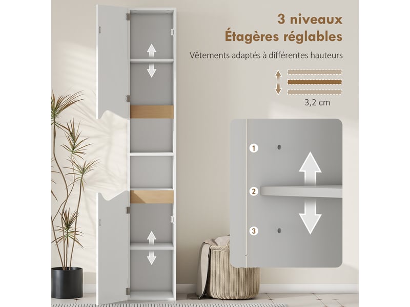  Meuble colonne salle de bain étroit, 2 portes, compartiments ouverts, 30 x 34,6 x 180,5 cm, étagères réglables, blanc  - Conforama E